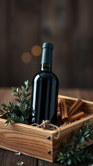 Dark Wine Bottle in Wooden Gift Box with Eucalyptus and Cinnamon vertical