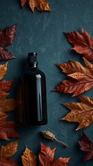 Dark Minimalist Flatlay with Autumn Leaves and Brown Bottle vertical