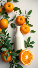Cream Bottle Surrounded by Oranges and Greenery on White Background vertical