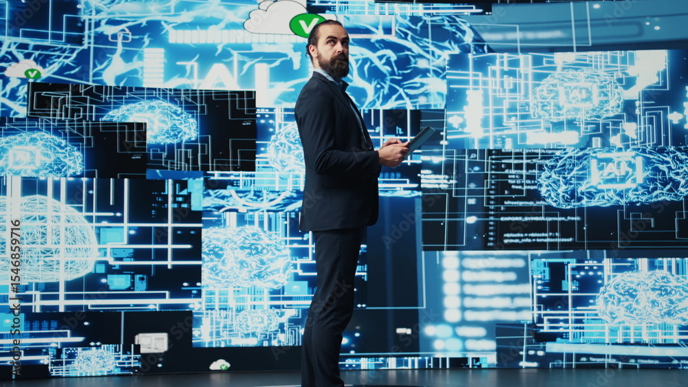 Poster entrepreneur uses laptop to review artificial intelligence brain system on dashboard, using high tec