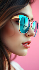 Closeup of Womans Face with Abstract Teal Sunglasses on Pink Background vertical