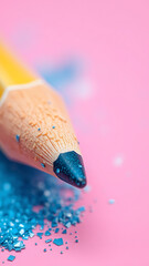 Closeup of a Wooden Pencil with Pastel and Blue Glitter Explosion on Pink Background vertical