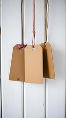 Brown Pink Beige Glitter Hang Tags on White Wood vertical