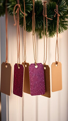 Brown Pink Beige Glitter Hang Tags on White Wood vertical