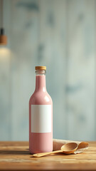 Branding blank mockup Pink Bottle with Kraft Paper Packaging and Wooden Spoon vertical