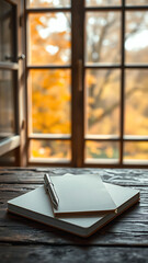 Blank Notepad on Rustic Wooden Table with Autumnal Window View vertical