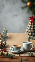 Blank Kraft Paper Stationary blank mockup with Coffee and Festive Decor vertical