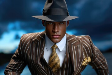 A figure stands confidently, dressed in a sharp pinstripe suit with a matching fedora and a patterned tie. The background features a moody twilight sky, enhancing the overall elegance