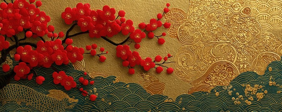 Elegant Japanese design with golden background and red blossom accentuation