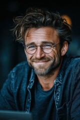 Obraz premium Portrait of a smiling man wearing casual glasses in a relaxed setting