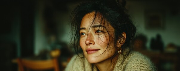 Fototapeta premium Portrait of a serene woman gazing thoughtfully in a cozy environment