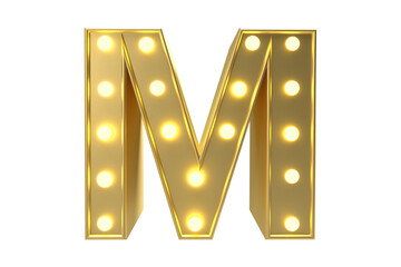 Illuminated golden letter m with light bulbs isolated on a black background