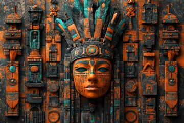 Intricate tribal-inspired artwork featuring geometric patterns and colorful symbolic designs