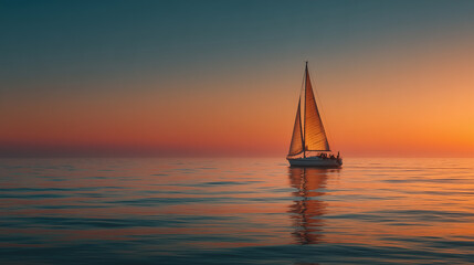 A lone sailboat glides across calm, reflective ocean waters under a vivid orange and blue sunset gradient, evoking serenity and stillness.