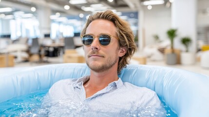 Man in sunglasses relaxes in inflatable pool at office, businessman takes break, enjoying leisure time.