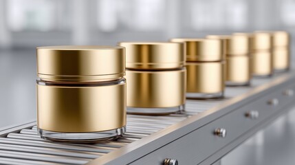 Gold cosmetic jars on a conveyor belt, ready for packaging, in a manufacturing facility.