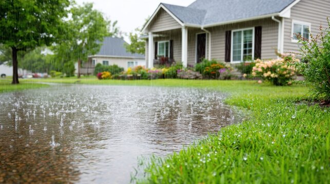 Heavy rain falling on a suburban street, water pooling on the pavement, houses and green lawns visible in the background.