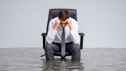 Stressed businessman sitting in office chair in flooded room, head in hands, worried and overwhelmed by water damage.