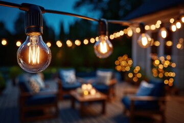Close-up of a glowing string light bulb with bokeh in an outdoor patio setting at dusk, perfect for hospitality and event promotions.