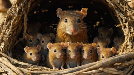 A mother rat and her pups nestled in a cozy nest, conveying warmth and maternal care, ideal for themes of nature and family.