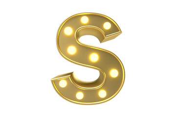 Illuminated golden letter s with light bulbs against a dark black background