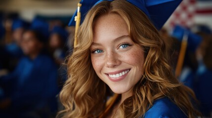 A young woman with freckles and blue eyes smiles joyfully in a graduation cap and gown, symbolizing success and new beginnings.