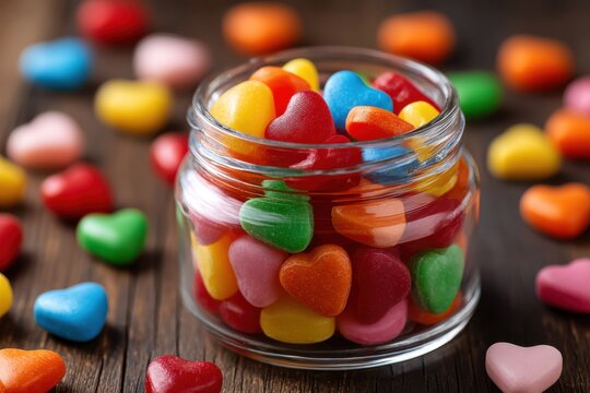 A glass jar filled with colorful heart-shaped gummy candies on a wooden table, creating a nostalgic and inviting atmosphere.