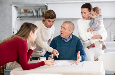 Family members giving advice to old man and discussing inheritance