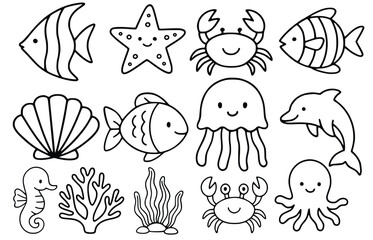 Hand-Drawn Ocean Animals and Sea Life Doodle Set, Cute Underwater Creatures and Marine Elements Collection, Summer Sea Life Outline Illustrations for Kids and Crafts, Cartoon Ocean Inhabitants Drawing