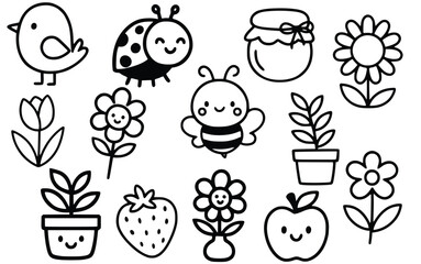 Hand-Drawn Cute Animals and Nature Doodle Set, Adorable Springtime Creatures and Plant Line Art Collection, Outline Woodland and Garden Icons for Kids' Design, Cartoon Kawaii Animals and Flowers 