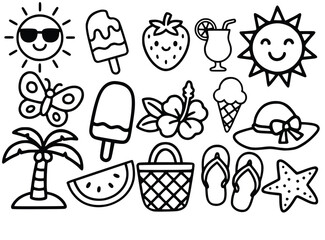Hand-Drawn Summer and Beach Doodle Set, Cute Vacation and Tropical Holiday Line Art Collection, Outline Summer Icons for Beach and Travel Design, Cartoon Sunny Day and Seaside Illustrations Vector, Ca