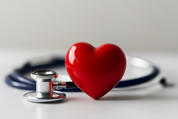Red heart and stethoscope on a white surface, symbolizing heart health and medical checkups, ideal for healthcare and wellness concepts