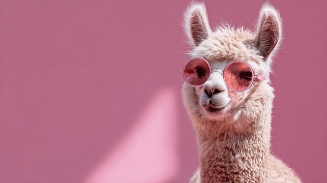 Cool llama with sunglasses on pink background funny animal portrait alpaca cute pet fashion style trend 2024