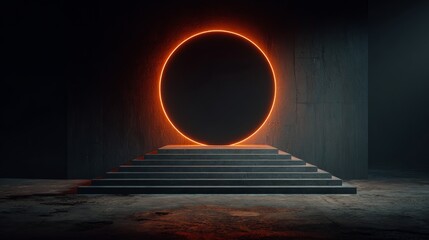 Illuminated orange circle above steps in a dark room creating a portal like appearance