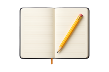Open notebook with pencil icon isolated on transparent background