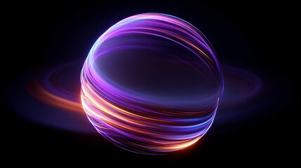 Glowing sphere with purple and orange light trails against a dark background creating a cosmic effect