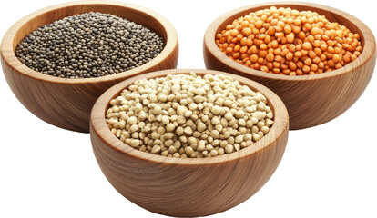 Obraz premium Three wooden bowls filled with black, white and red lentils on a white background