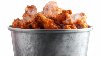 Spicy Chicken Wings in a Bucket: A tempting close-up of perfectly cooked chicken wings coated in a fiery sauce, steaming enticingly inside a rustic metal bucket, promising a flavorful.