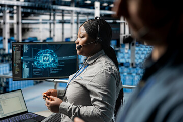 Server hub engineers diagnosing hardware failures using neural networks tech, guiding users....