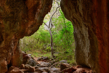 View of the Chillagoe - Mungana Caves National Park, featuring towering limestone fins and jagged...