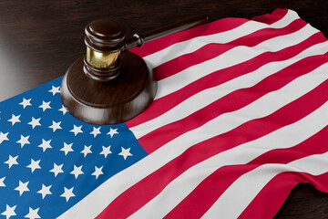 American Flag and Wooden Gavel Resting on Desk.