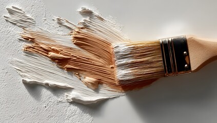 A close-up shot captures a paintbrush applying smooth, creamy white paint on a textured surface, showcasing the brush's bristles and the paint's texture
