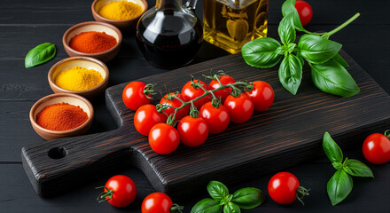 Dark wooden board with cherry tomatoes on vine, basil, and colorful spices in bowls, showcasing fresh ingredients for cooking, suggesting culinary preparation or healthy eating