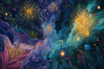 Abstract holiday background with fireworks and stars