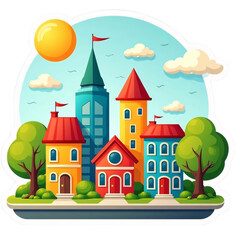 Cartoon Town with Colorful Buildings and Bright Sun on Blue Sky Background