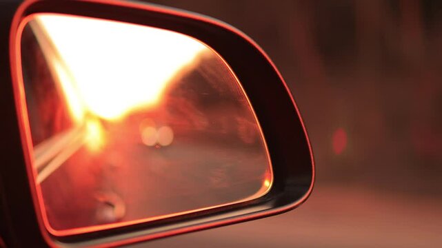 The sun is reflected in the mirror, evening road. View in the side rear view mirror of a red car driving along the highway