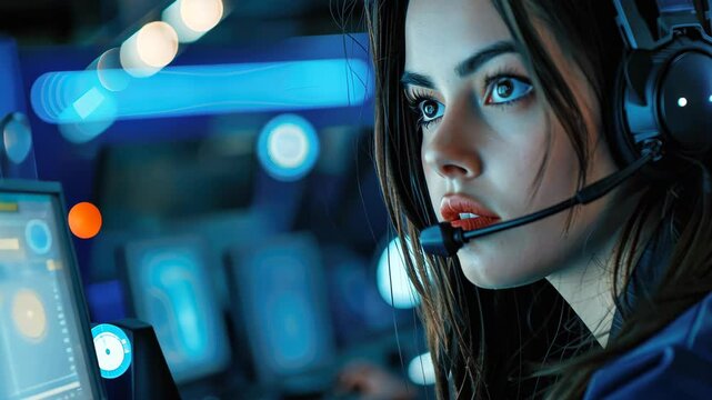 Attentive Focus: A professional individual, headset on, fixated on the glowing display screens in a technological environment, showcasing a captivating and serious mood.