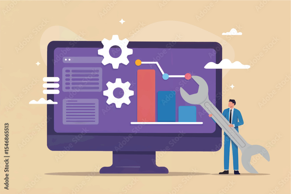 Wall mural flat vector illustration of businessman with wrench repairing computer data graph isolated on transp
