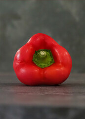 A red pepper is sitting on a counter