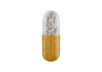 A pill is shown with a yellow and white color